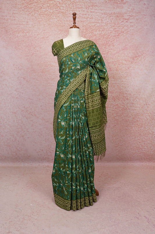 Moss Green Cotton Saree - Seematti