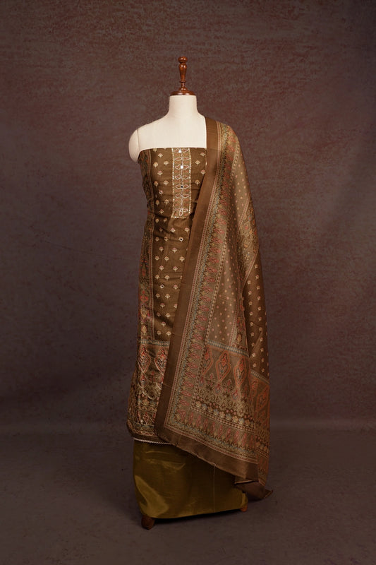 Moss Green Cotton Silk Printed Lines Unstitched Churidhar Material
