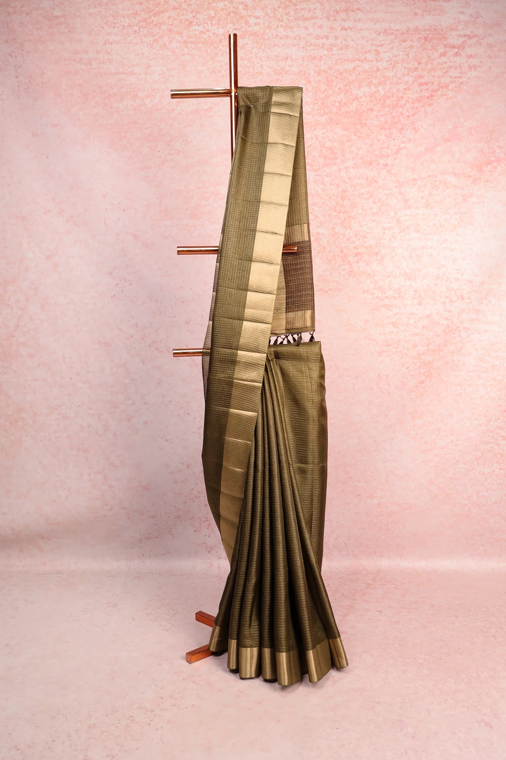 Moss Green Semi Jute Self Checks Saree With Plain Border - Seematti