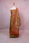 Moss Green Tissue Silk Printed And Kantha Work Unstitched Churidhar Material - Seematti