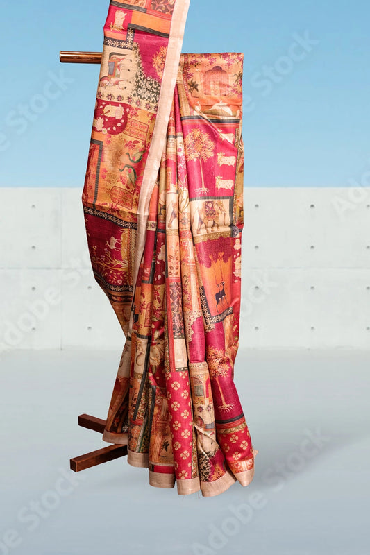 Multicolours Tussar Silk Saree