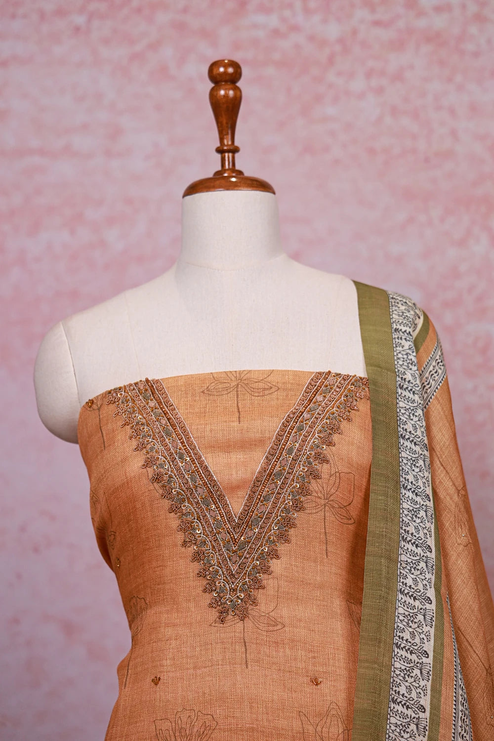 Mustard Orange Linen Beads Work Unstitched Churidhar Material - Seematti