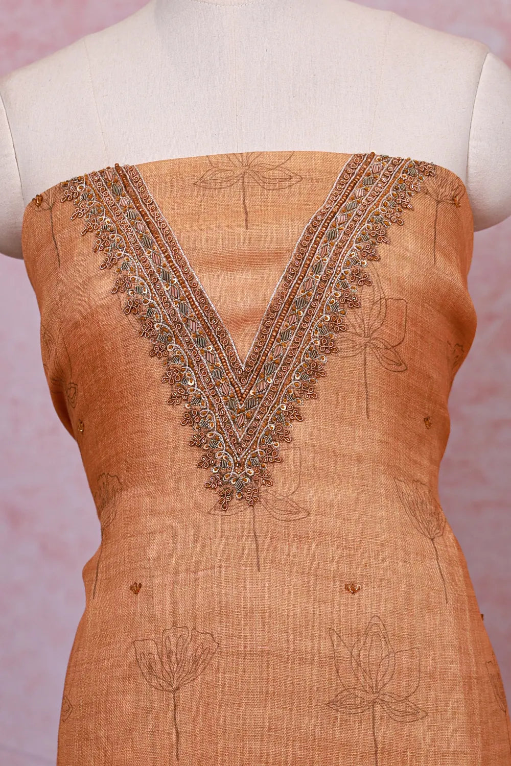 Mustard Orange Linen Beads Work Unstitched Churidhar Material - Seematti