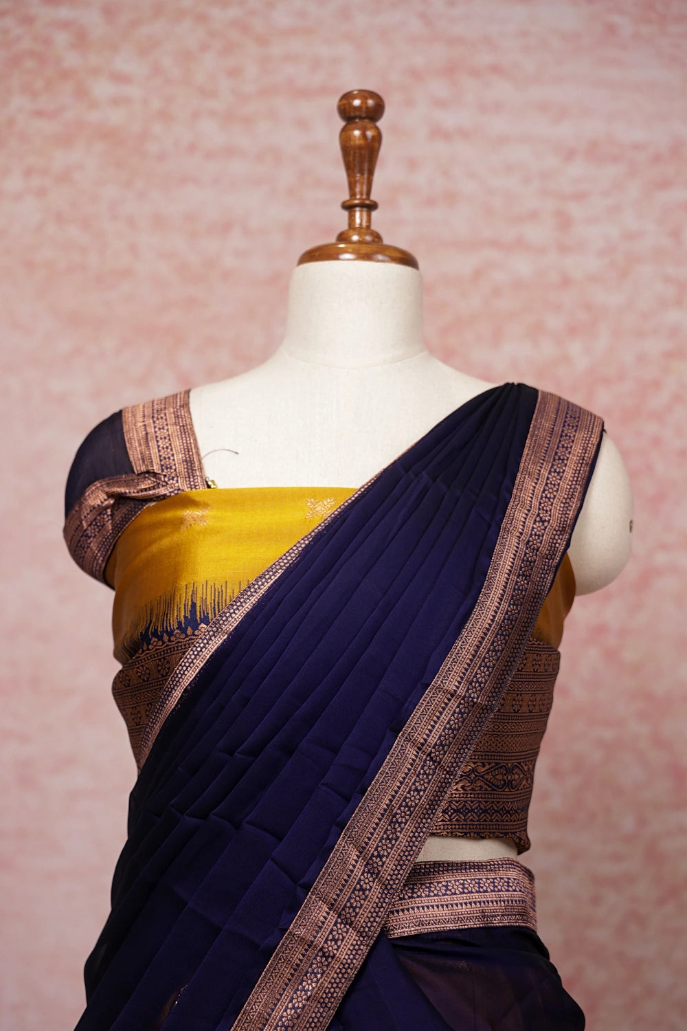 Mustard Yellow And Blue Semi Silk Dhavani Set - Seematti
