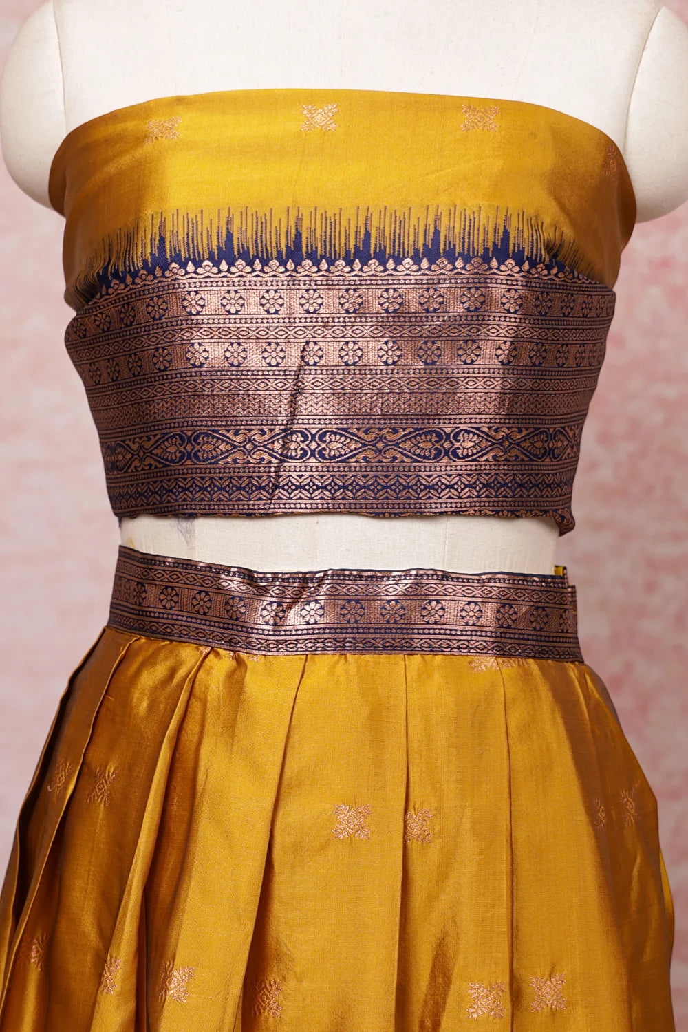 Mustard Yellow And Blue Semi Silk Dhavani Set - Seematti