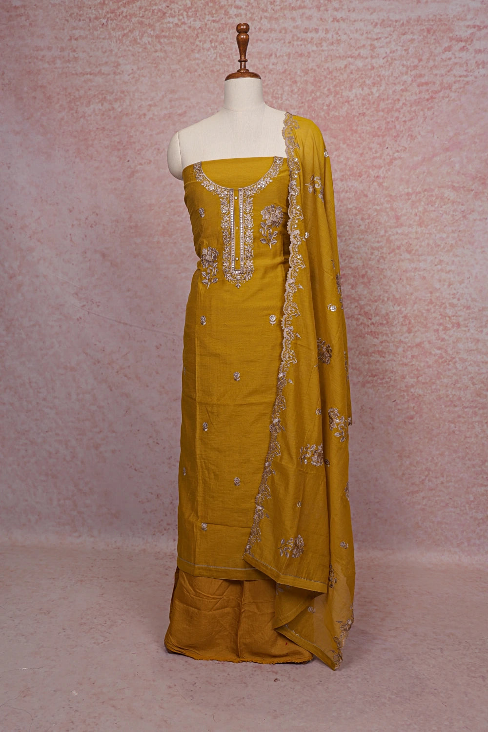 Mustard Yellow  Mul Chanderi Embroidery Unstitched Churidhar Material
