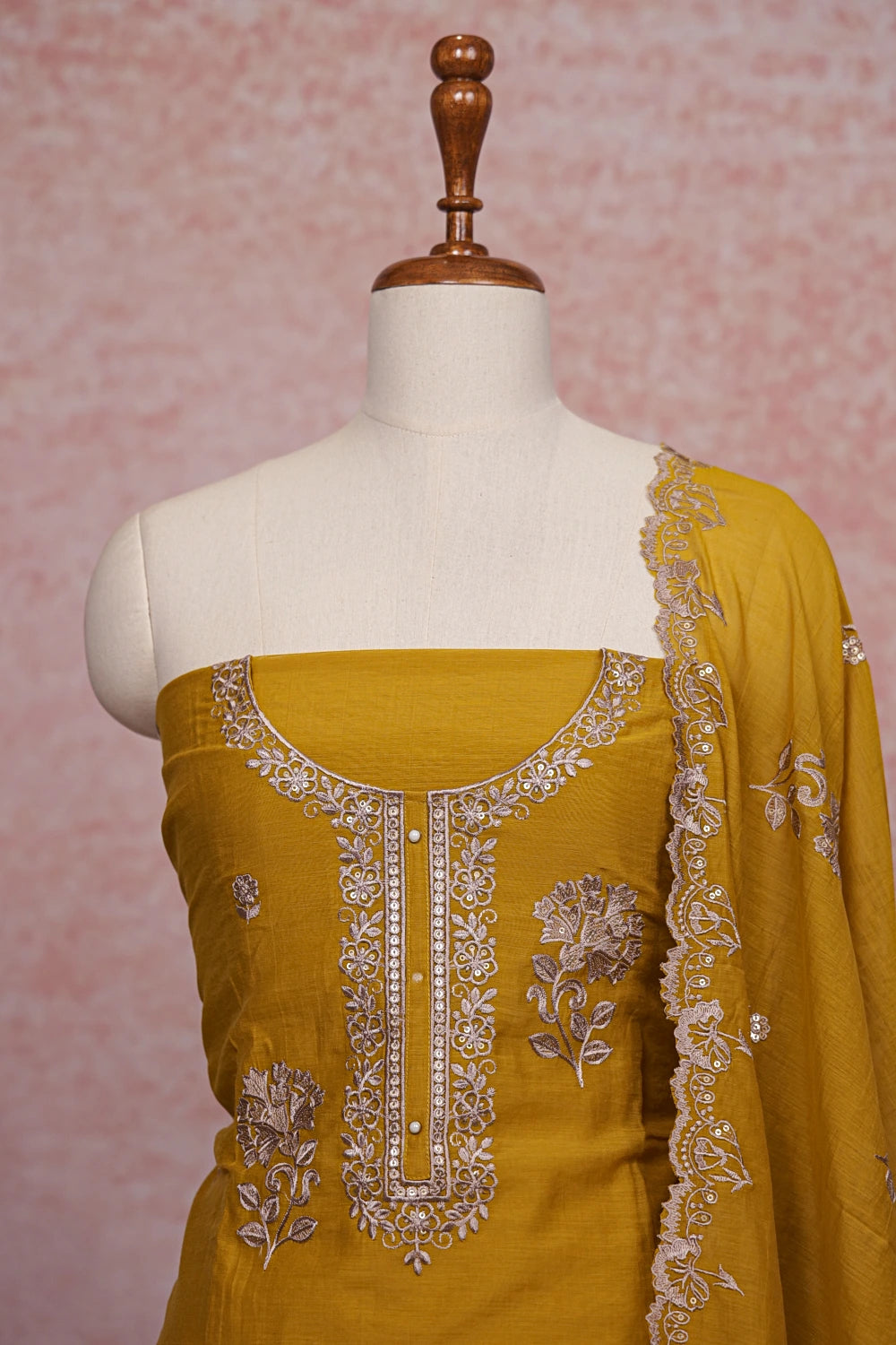 Mustard Yellow  Mul Chanderi Embroidery Unstitched Churidhar Material