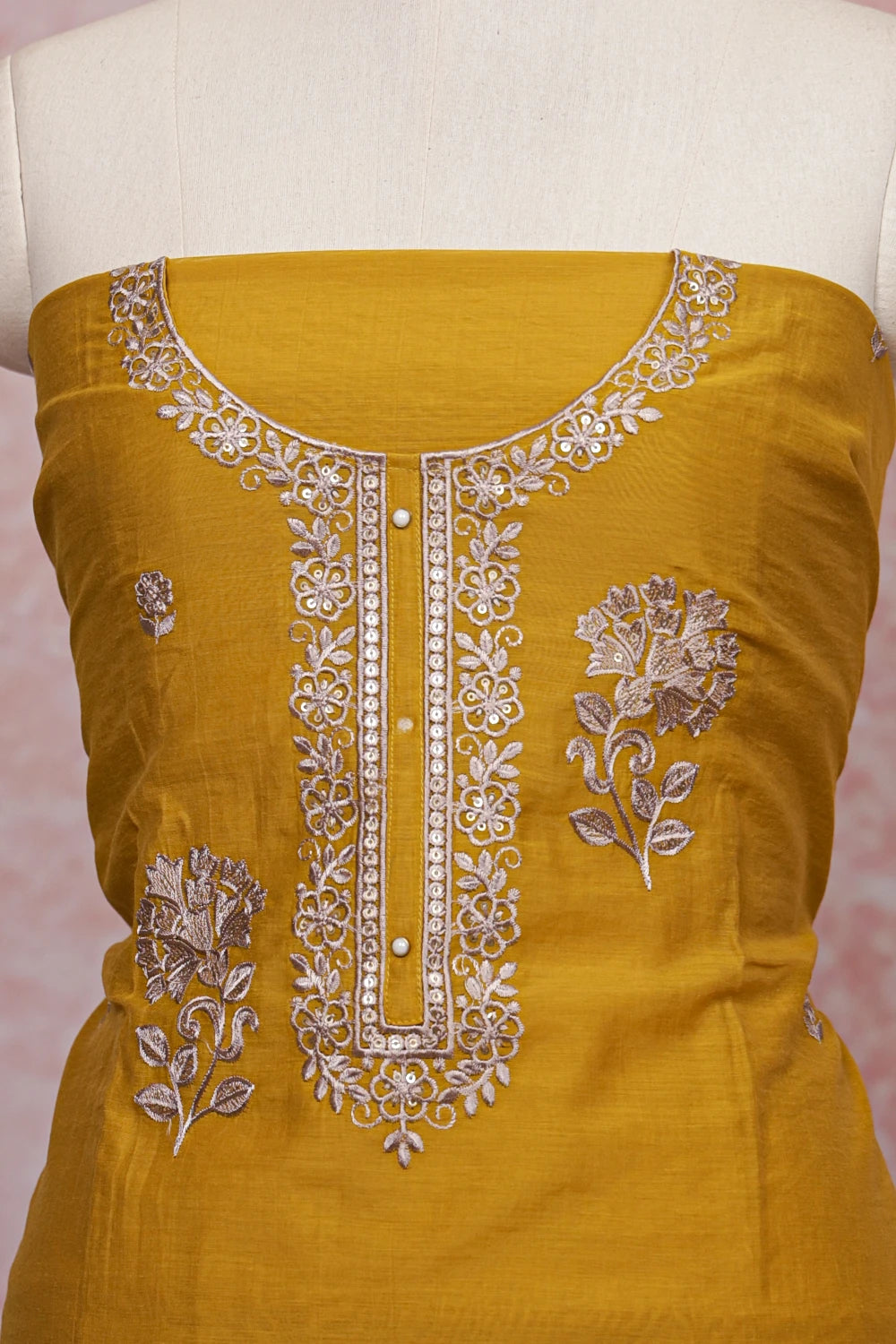 Mustard Yellow  Mul Chanderi Embroidery Unstitched Churidhar Material