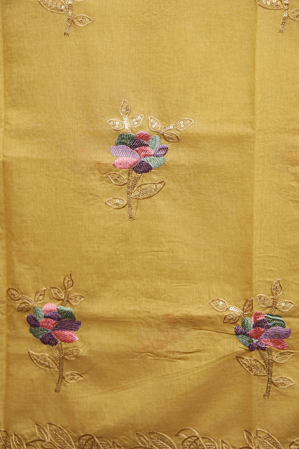 Mustard Yellow Mul Chanderi Thread Work Unstitched Churidhar Material