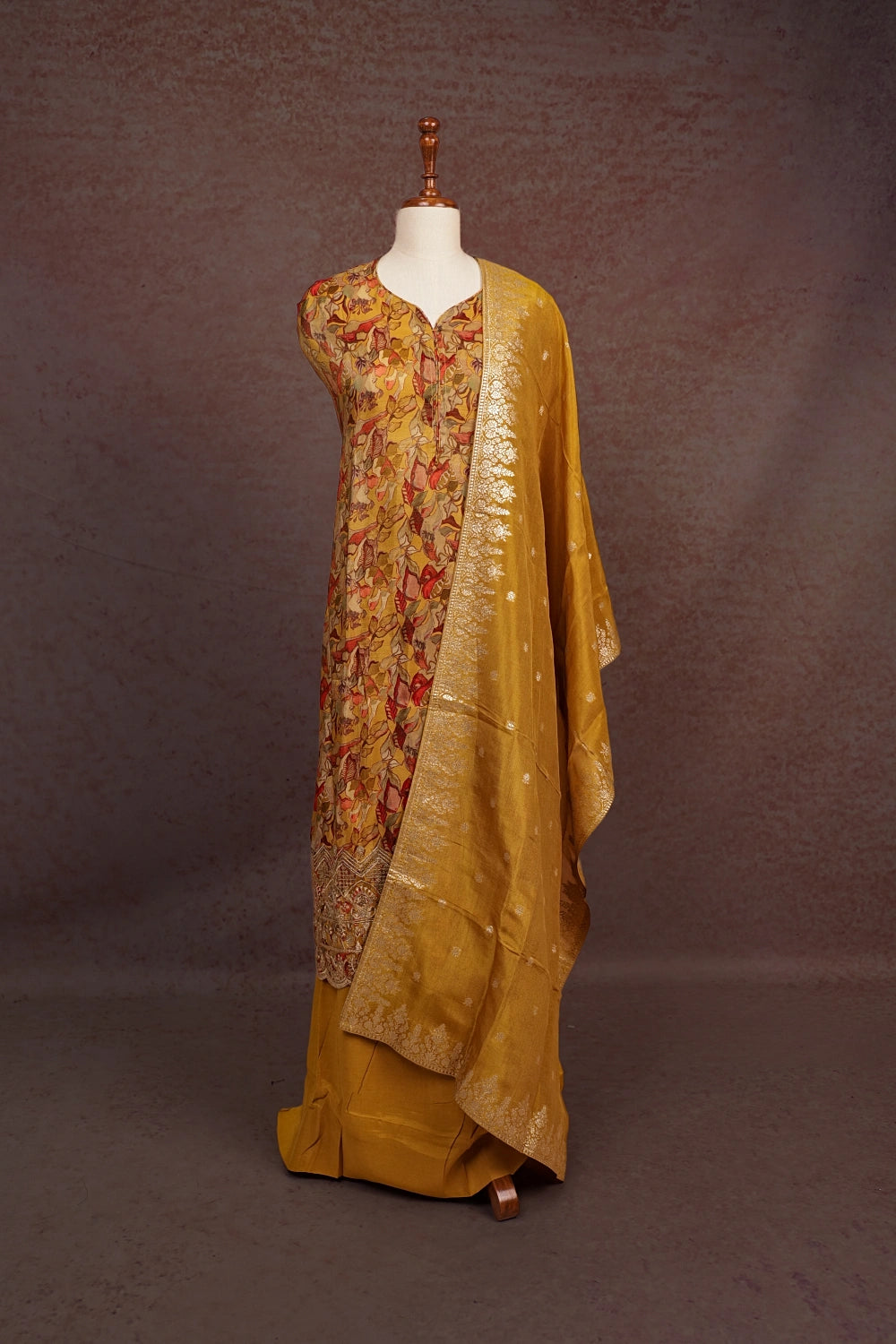 Mustard Yellow Organza Printed Unstitched Churidhar Material