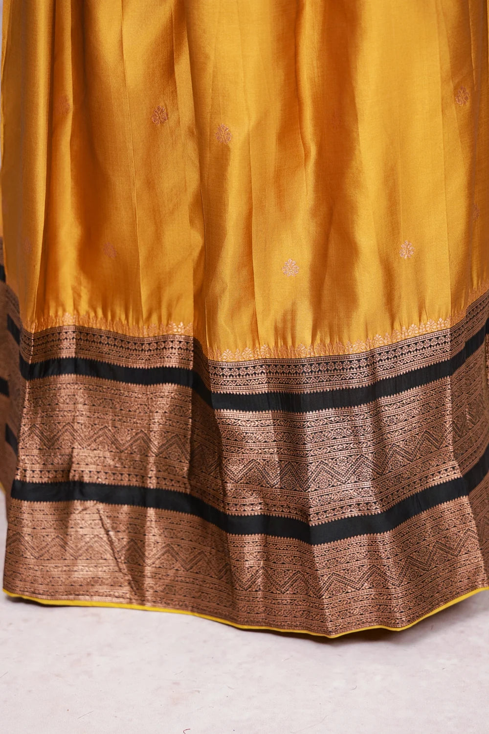 Mustard Yellow With Black Semi Silk Dhavani Set - Seematti