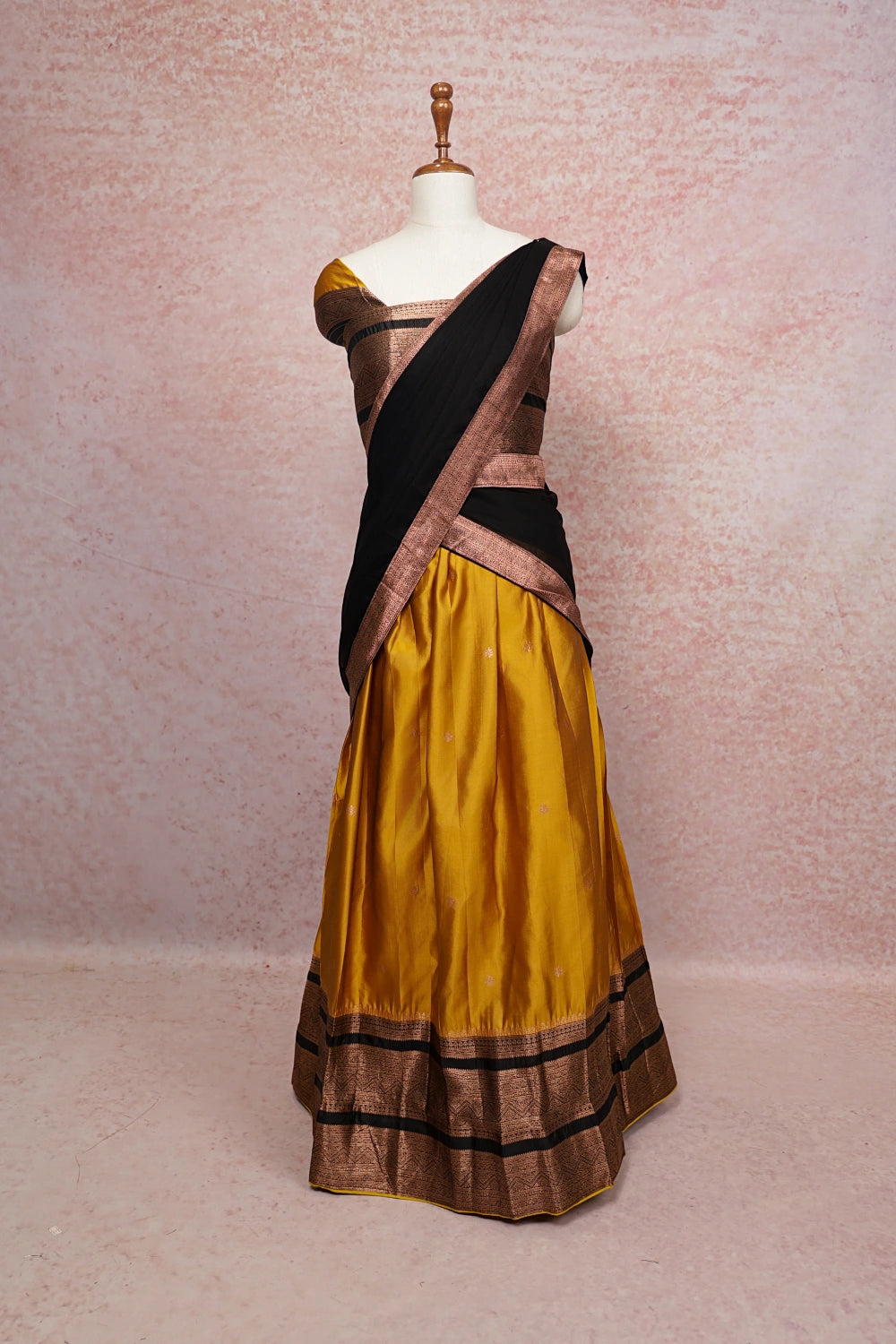 Mustard Yellow With Black Semi Silk Dhavani Set - Seematti