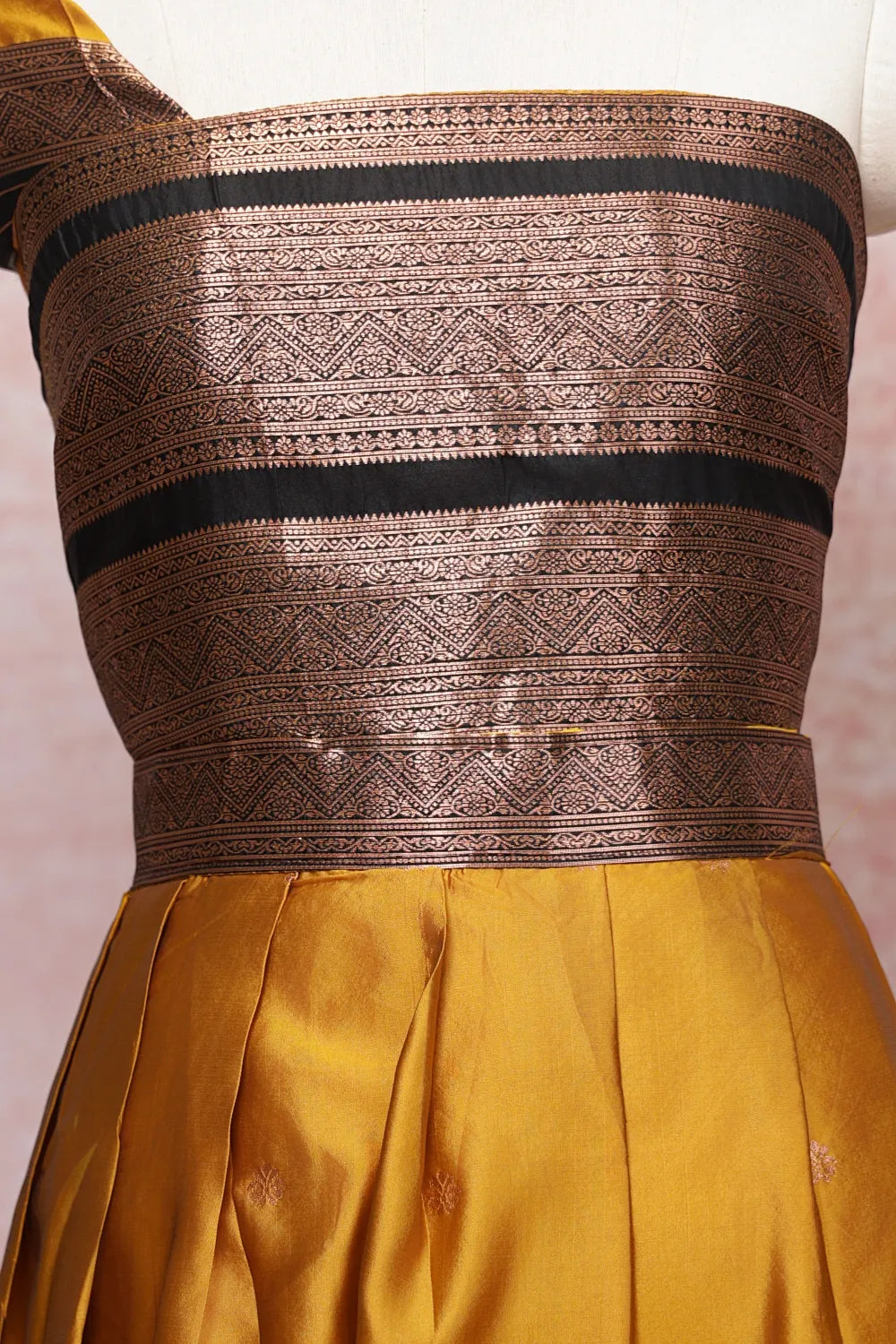 Mustard Yellow With Black Semi Silk Dhavani Set - Seematti