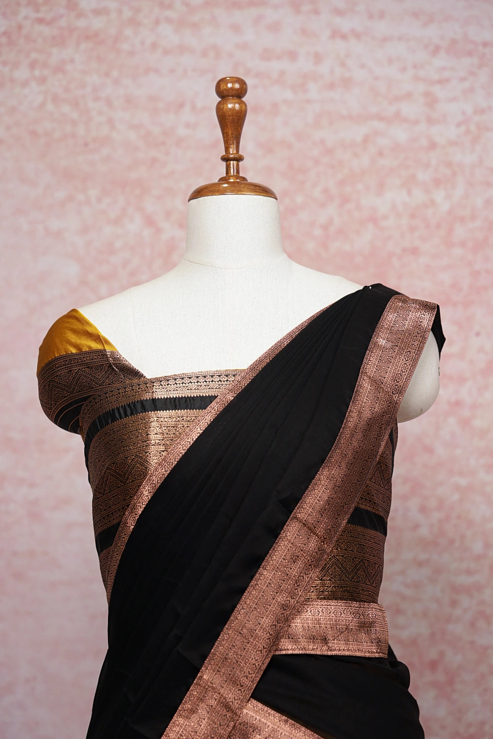 Mustard Yellow With Black Semi Silk Dhavani Set - Seematti