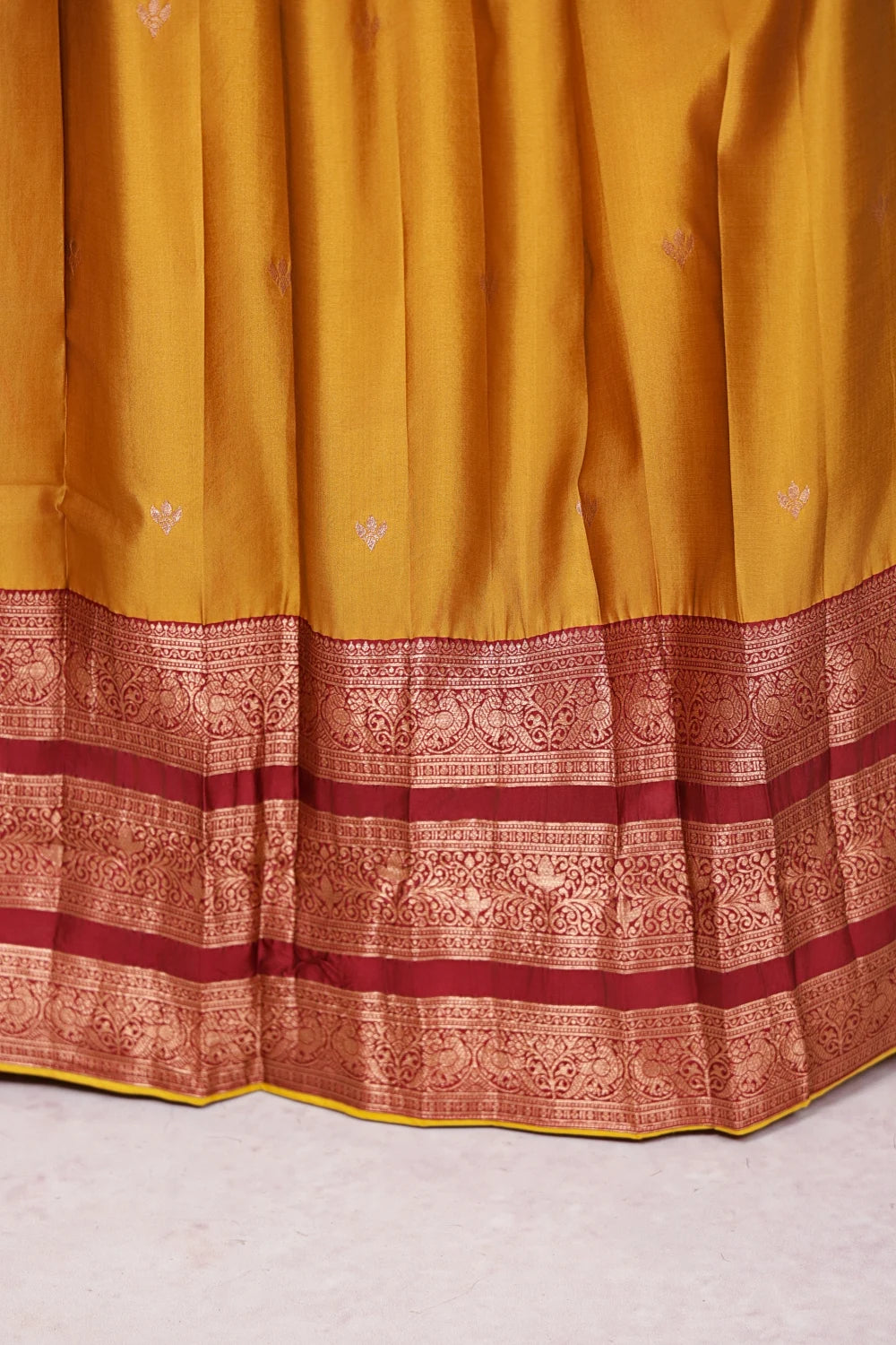 Mustard Yellow With Maroonish Red Semi Silk Dhavani Set - Seematti