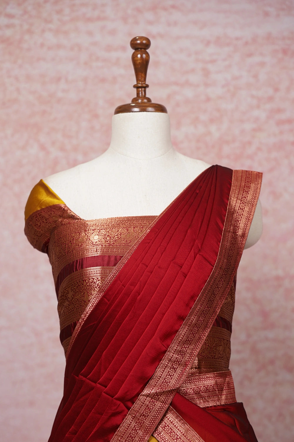 Mustard Yellow With Maroonish Red Semi Silk Dhavani Set - Seematti