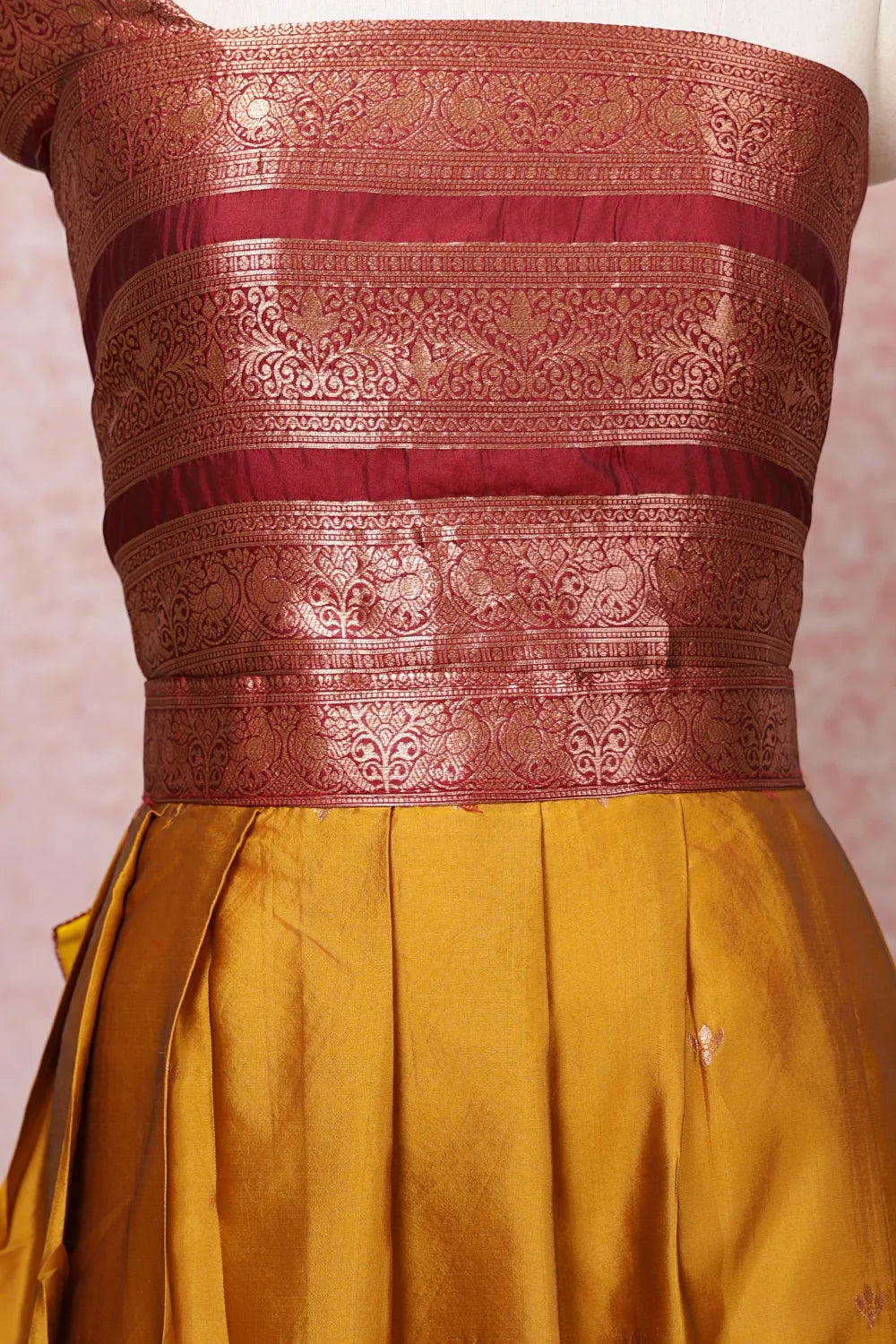 Mustard Yellow With Maroonish Red Semi Silk Dhavani Set - Seematti
