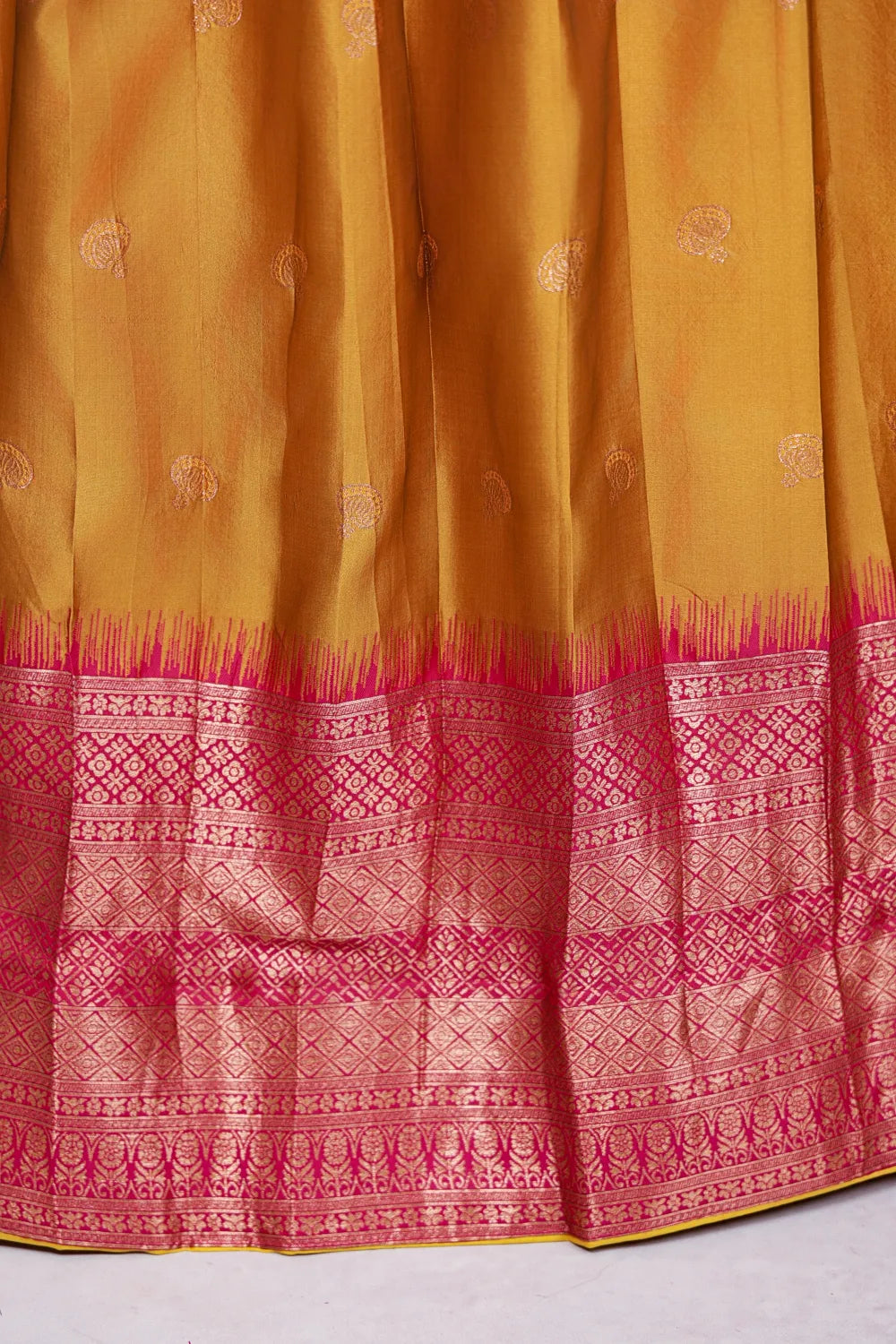 Mustard Yellow With Pink Semi Silk Dhavani Set - Seematti