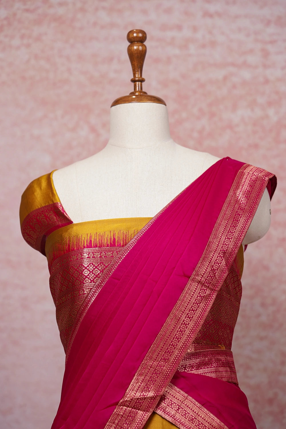 Mustard Yellow With Pink Semi Silk Dhavani Set - Seematti