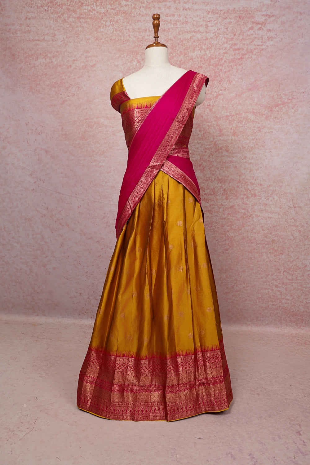 Mustard Yellow With Pink Semi Silk Dhavani Set - Seematti