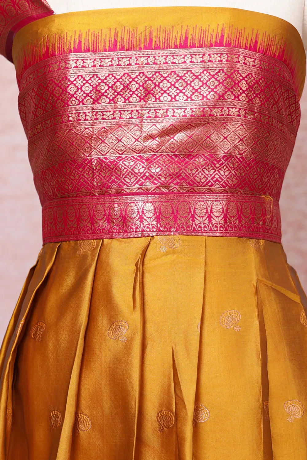Mustard Yellow With Pink Semi Silk Dhavani Set - Seematti