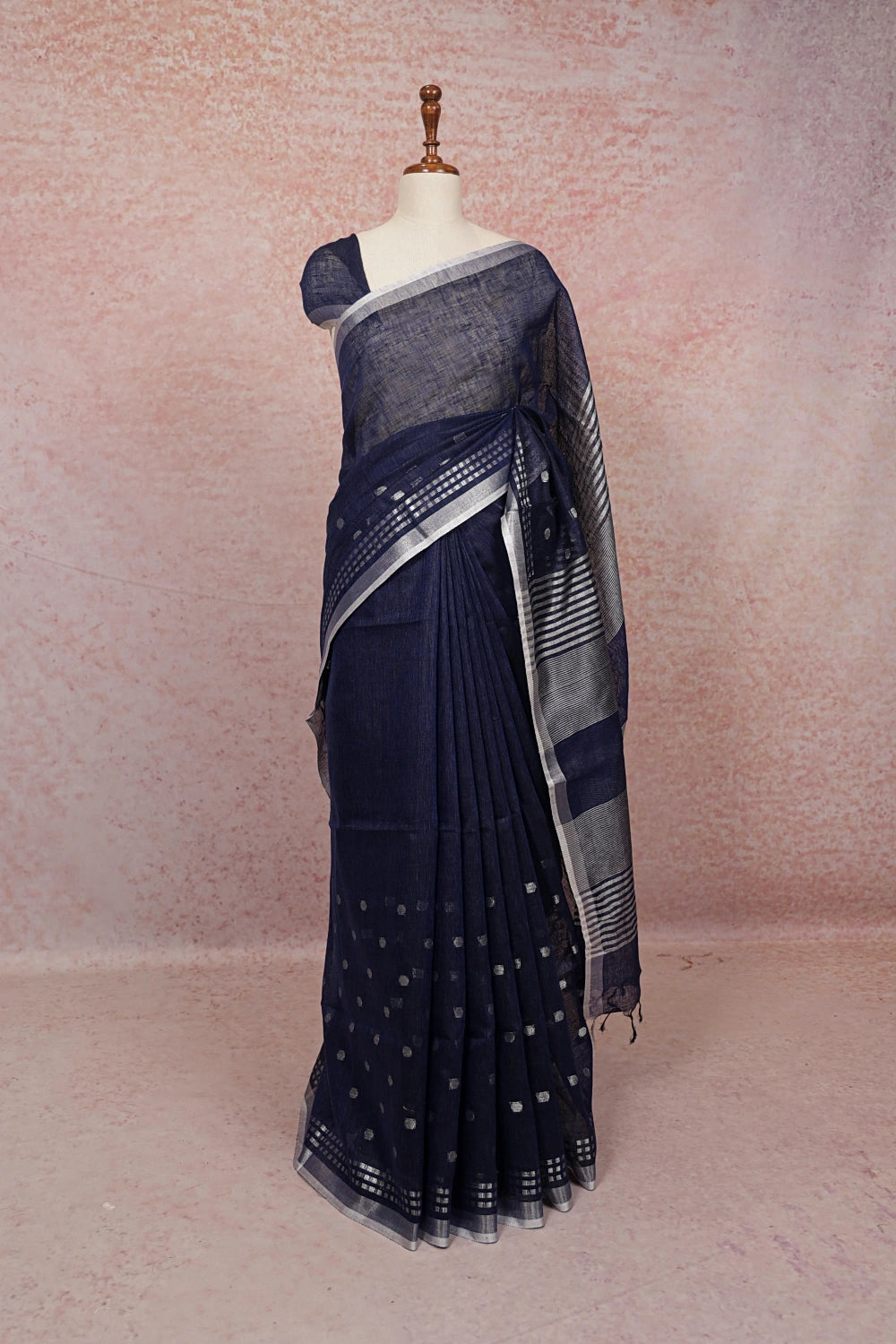 Navy Blue Linen Saree - Seematti