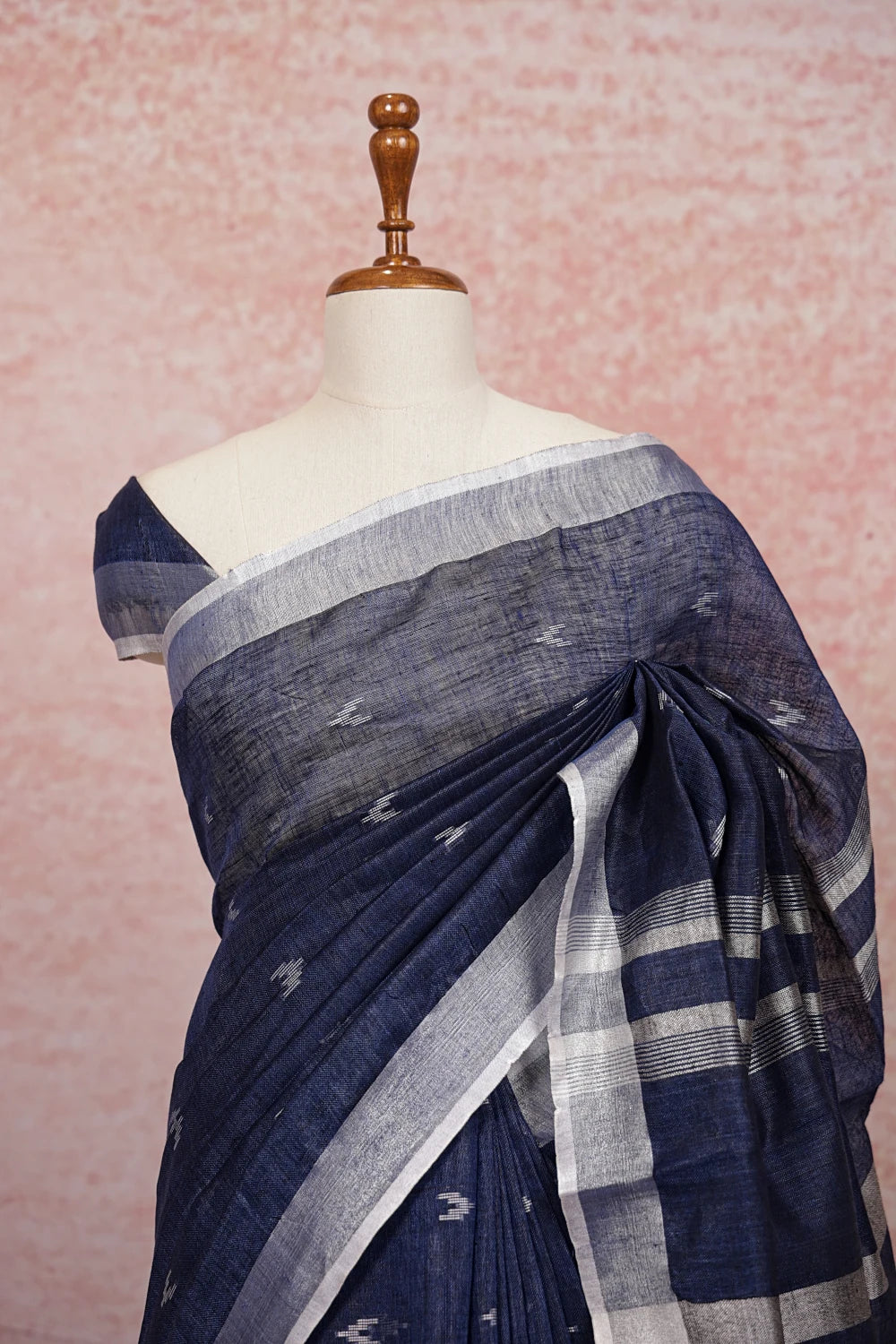 Navy Blue Linen Saree - Seematti