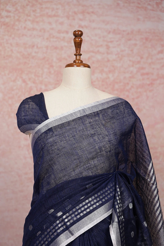 Navy Blue Linen Saree - Seematti