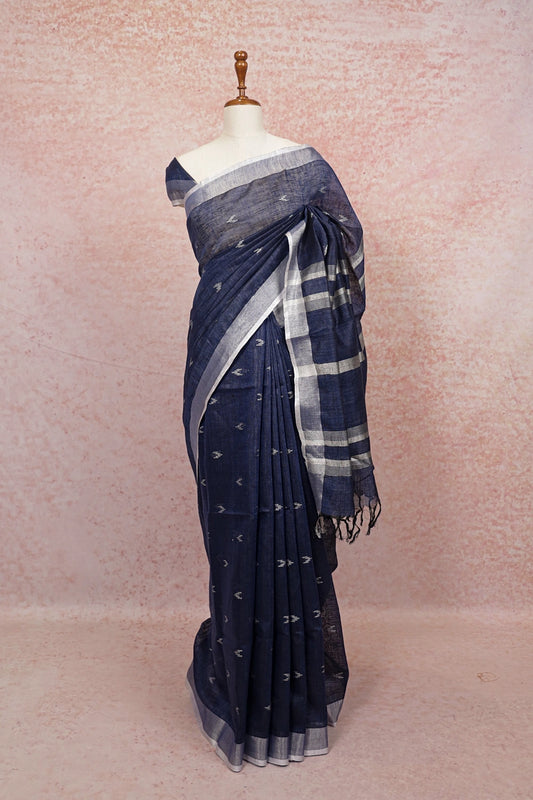 Navy Blue Linen Saree - Seematti