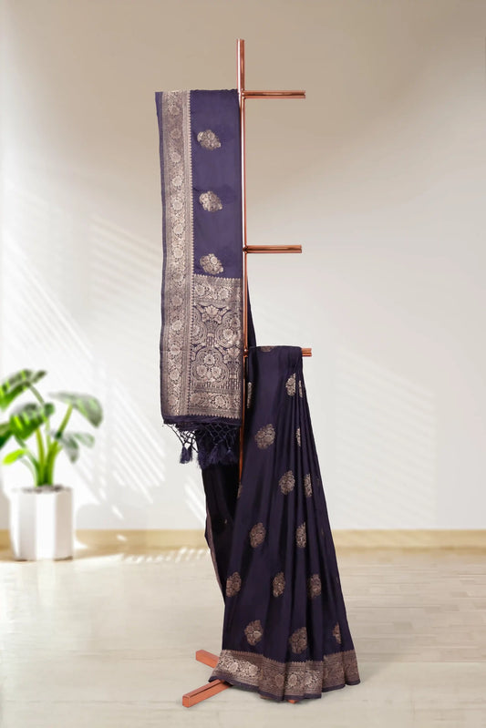 Navy Blue Satin Banarasi Saree