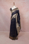 Navy Blue Semi Banarasi Saree with gold designer border, draped on mannequin - Seematti