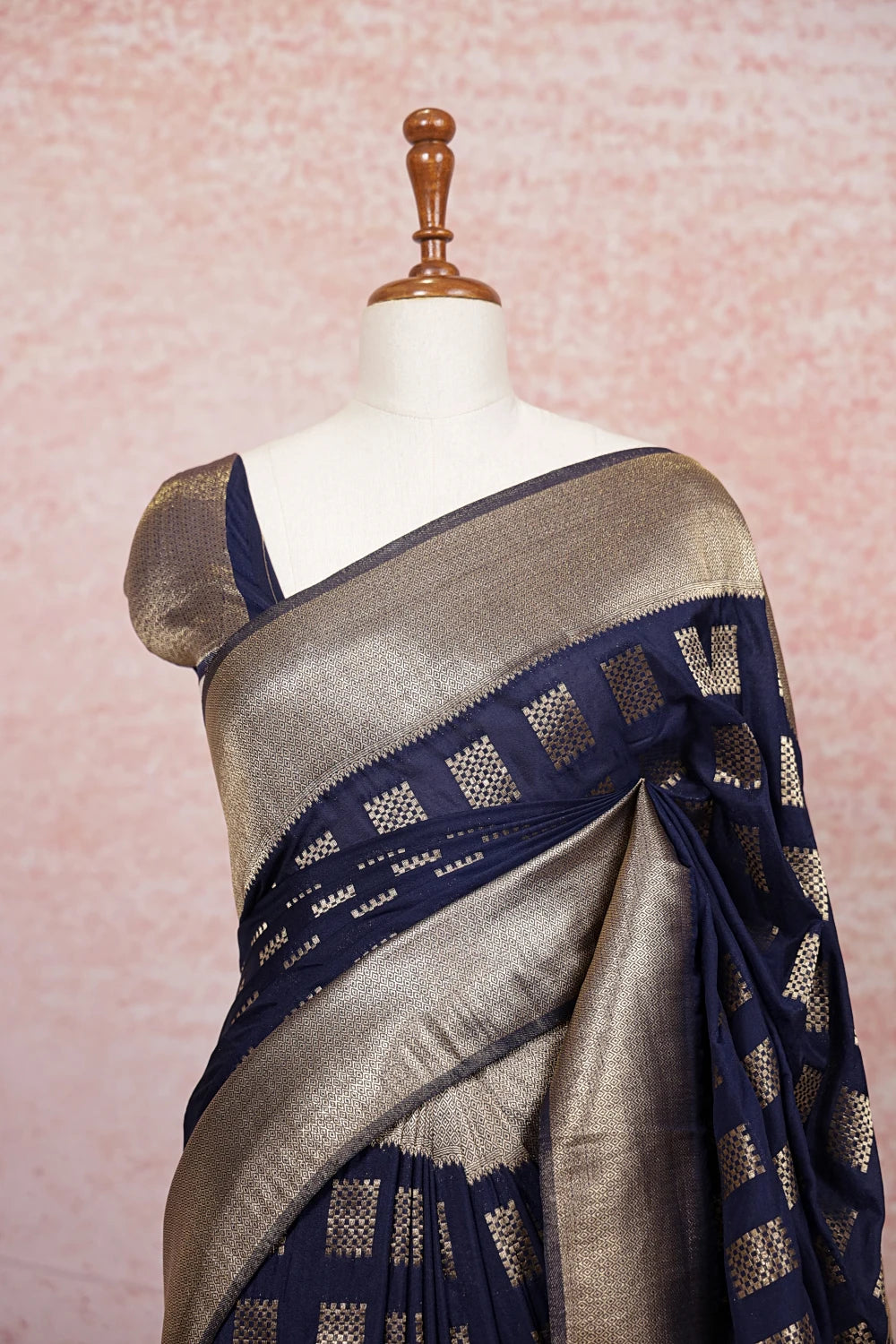 Navy Blue Semi Banarasi Saree pallu close-up showing gold zari check pattern