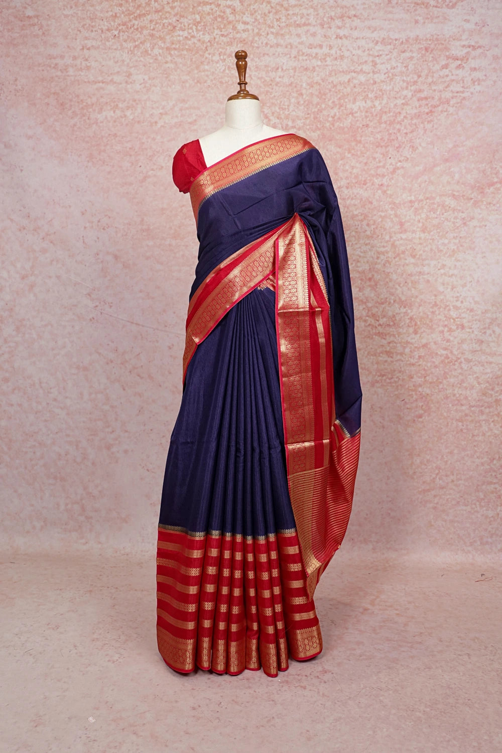 Navy Blue Semi Silk Plain Body Saree With Designer Border - Seematti