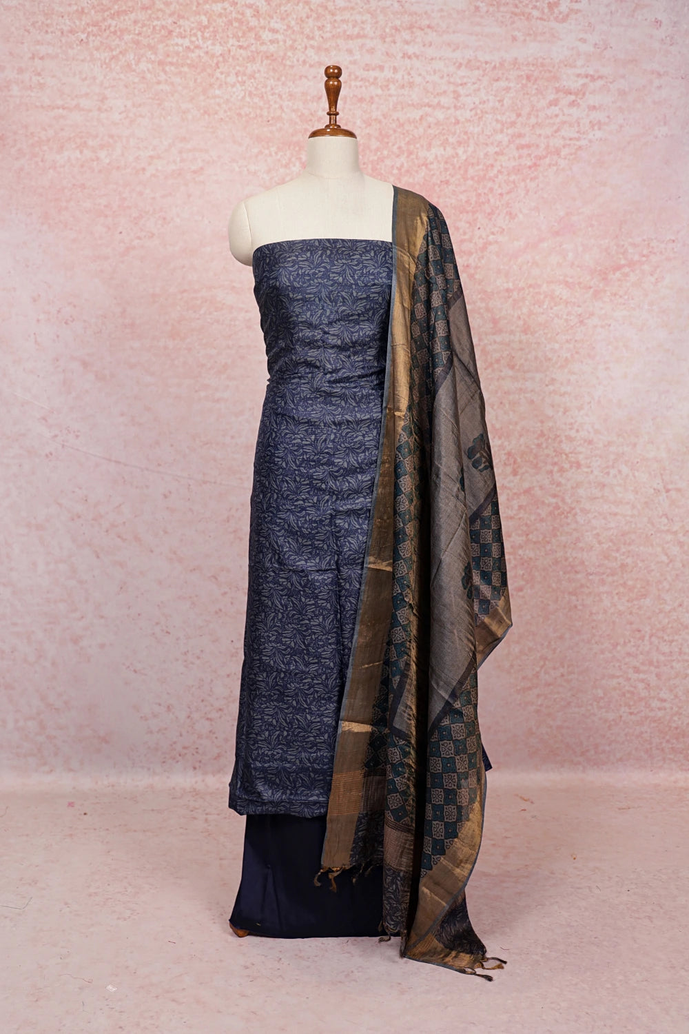 Navy Blue Tussar Silk Printed Unstitched Churidhar Material
