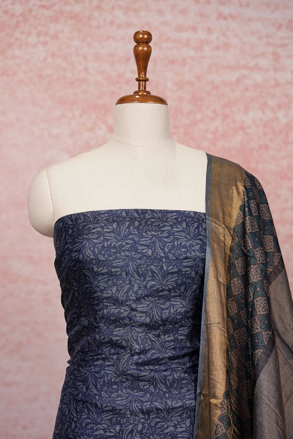 Navy Blue Tussar Silk Printed Unstitched Churidhar Material