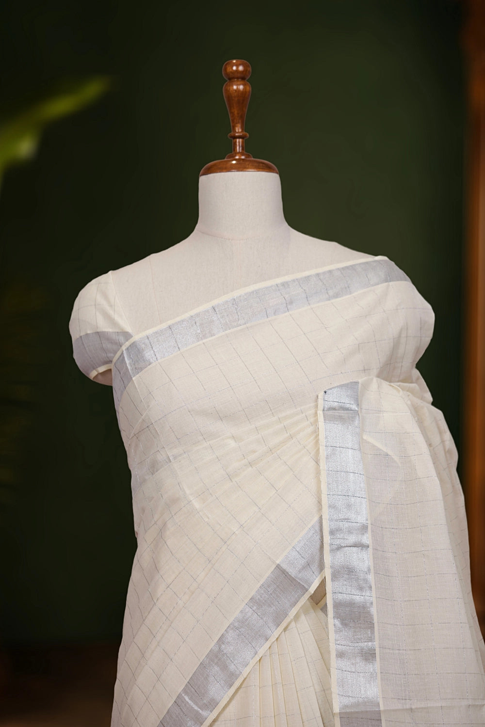 Off White Cotton Check Kerala Saree With Silver Border - Seematti