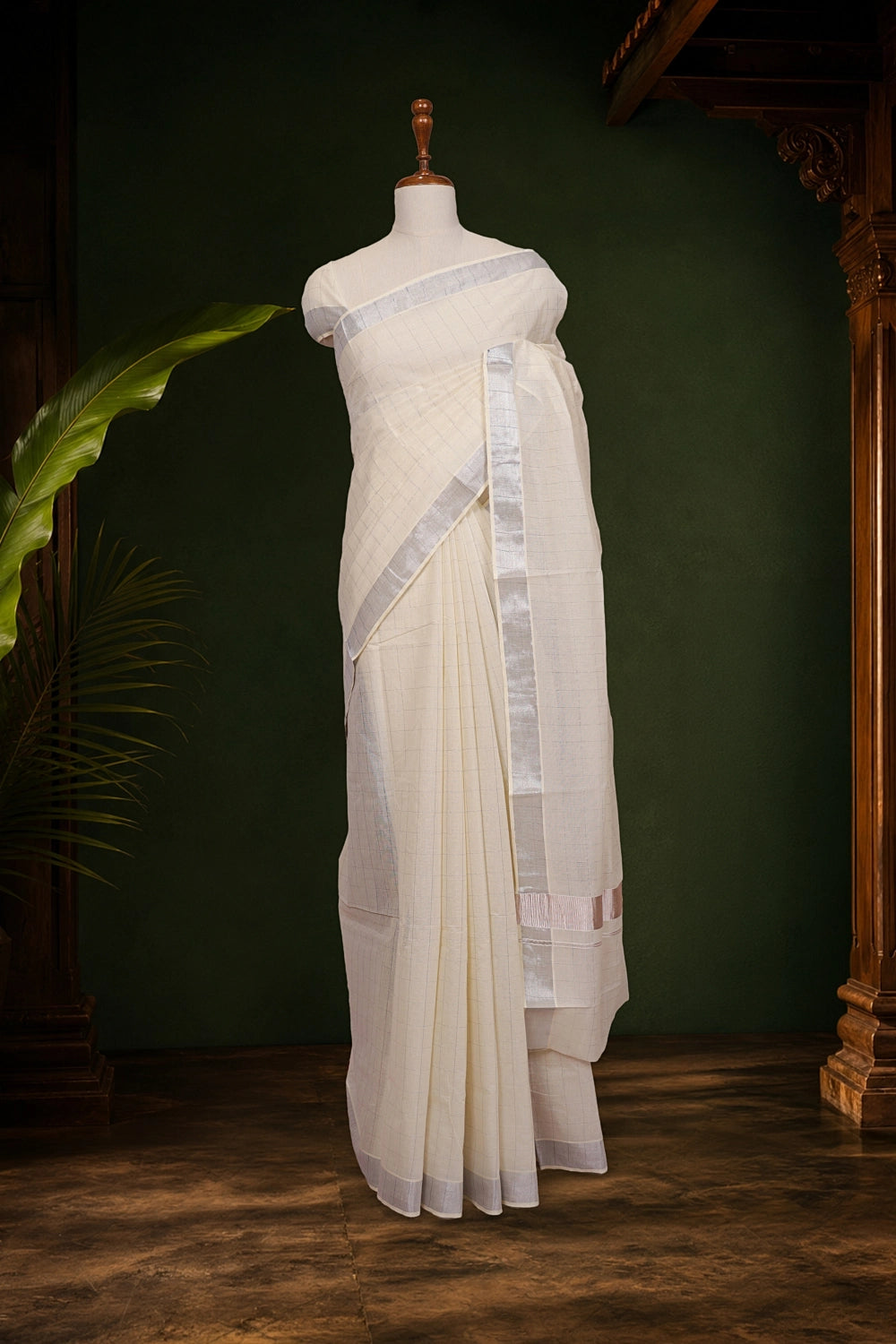 Off White Cotton Check Kerala Saree With Silver Border - Seematti