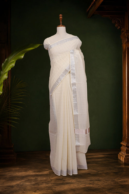 Off White Cotton Check Kerala Saree With Silver Border - Seematti