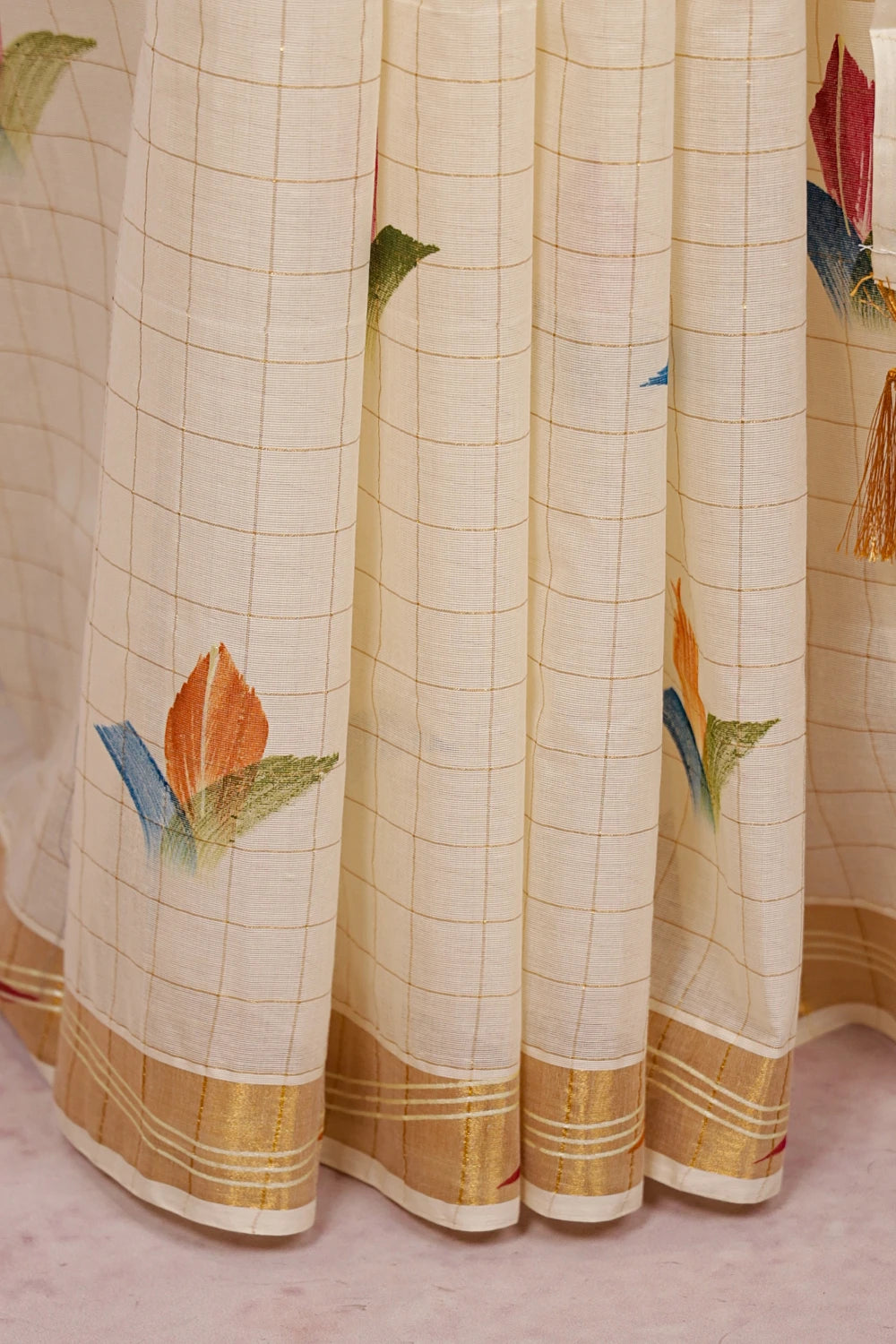 Off White Cotton Check With Painted Kerala Saree With Golden Border - Seematti