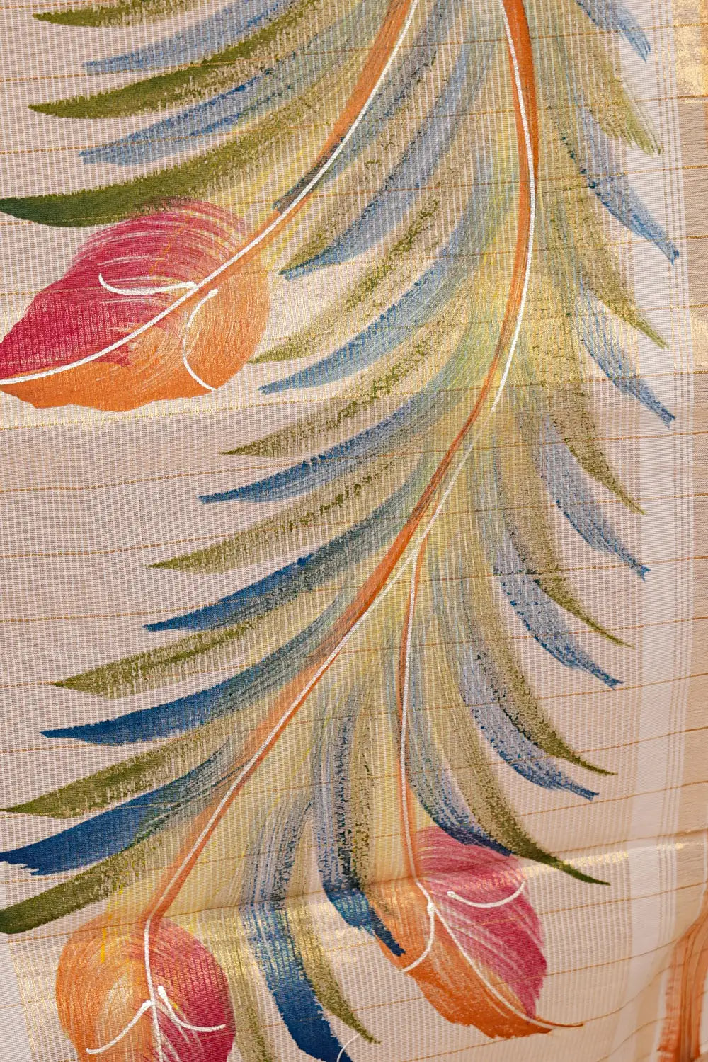 Off White Cotton Check With Painted Kerala Saree With Golden Border - Seematti