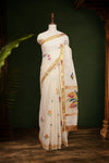 Off White Cotton Check With Painted Kerala Saree With Golden Border - Seematti