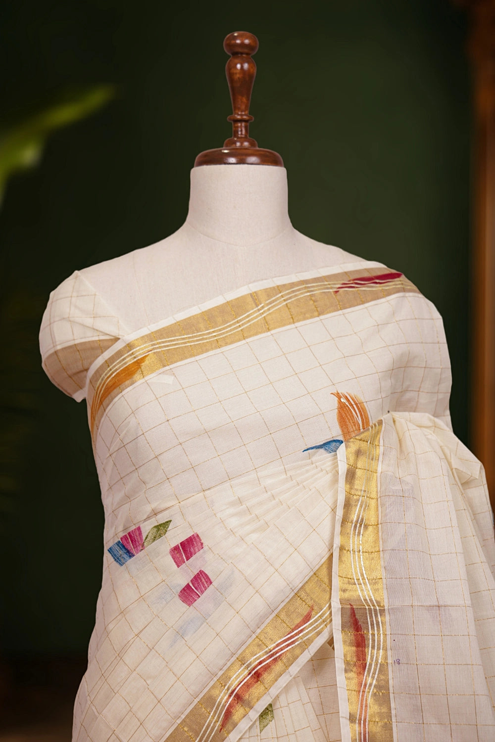 Off White Cotton Check With Painted Kerala Saree With Golden Border - Seematti