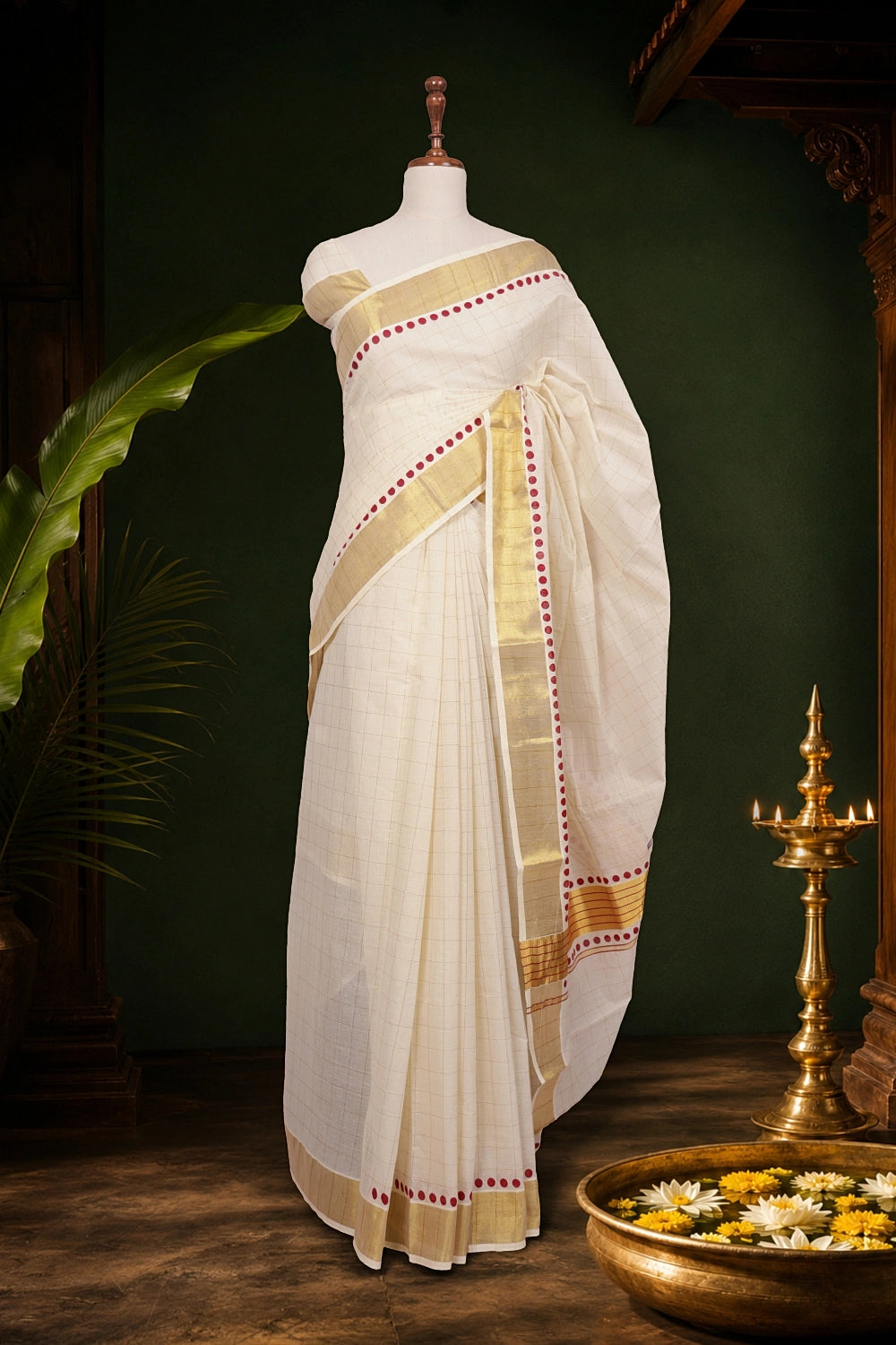 Off White Cotton Checks Kerala Saree With Golden Border - Seematti