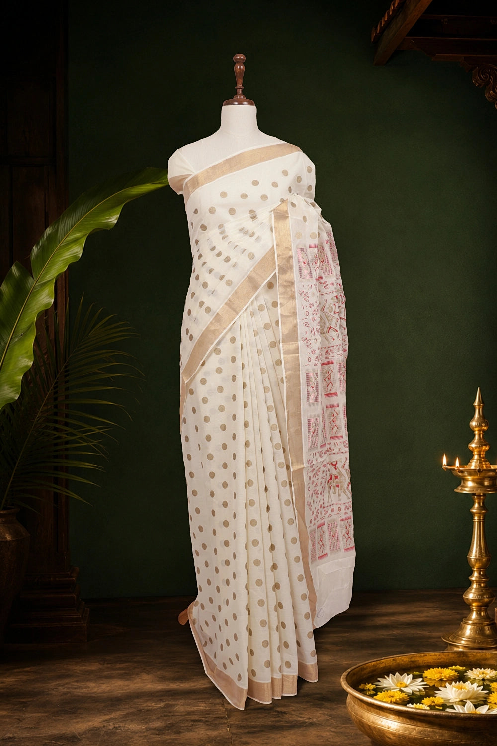 Off White Cotton Dots Kerala Saree With Golden Border - Seematti