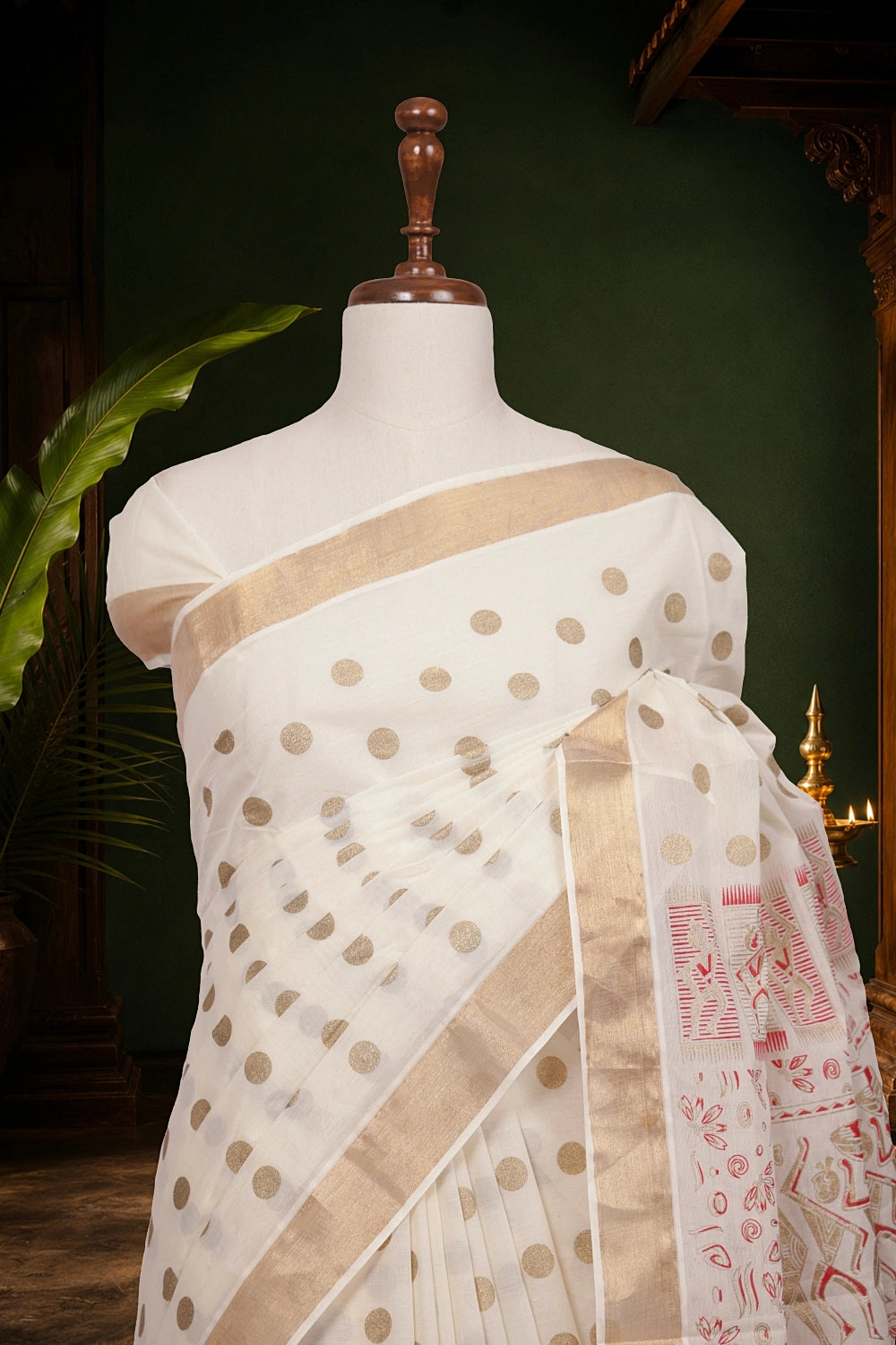 Off White Cotton Dots Kerala Saree With Golden Border - Seematti