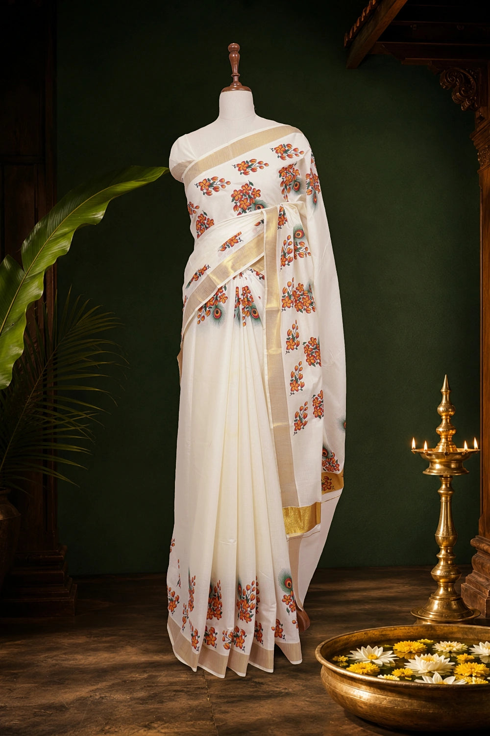 Off White Cotton Kerala Saree - Seematti