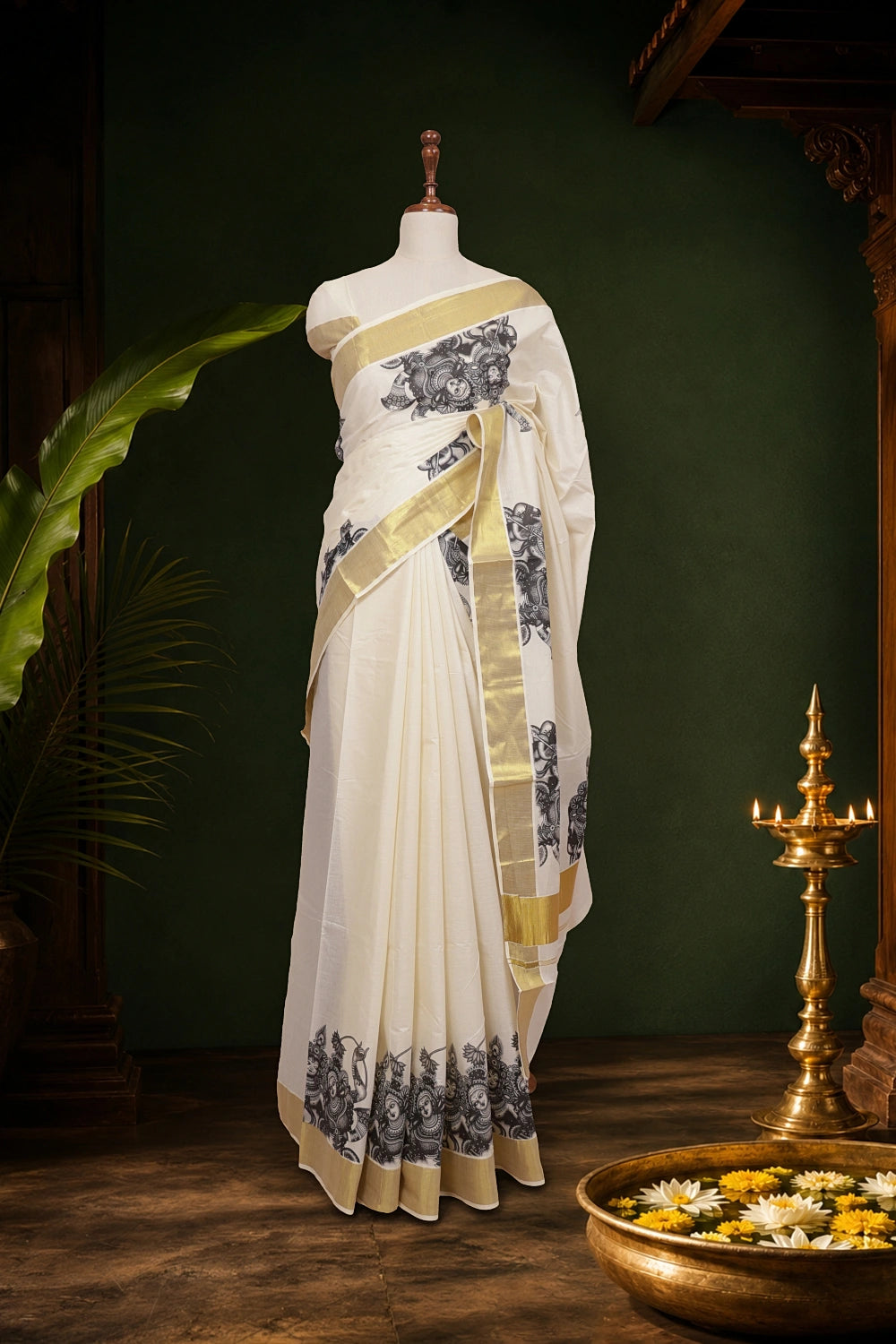 Off White Cotton Kerala Saree - Seematti