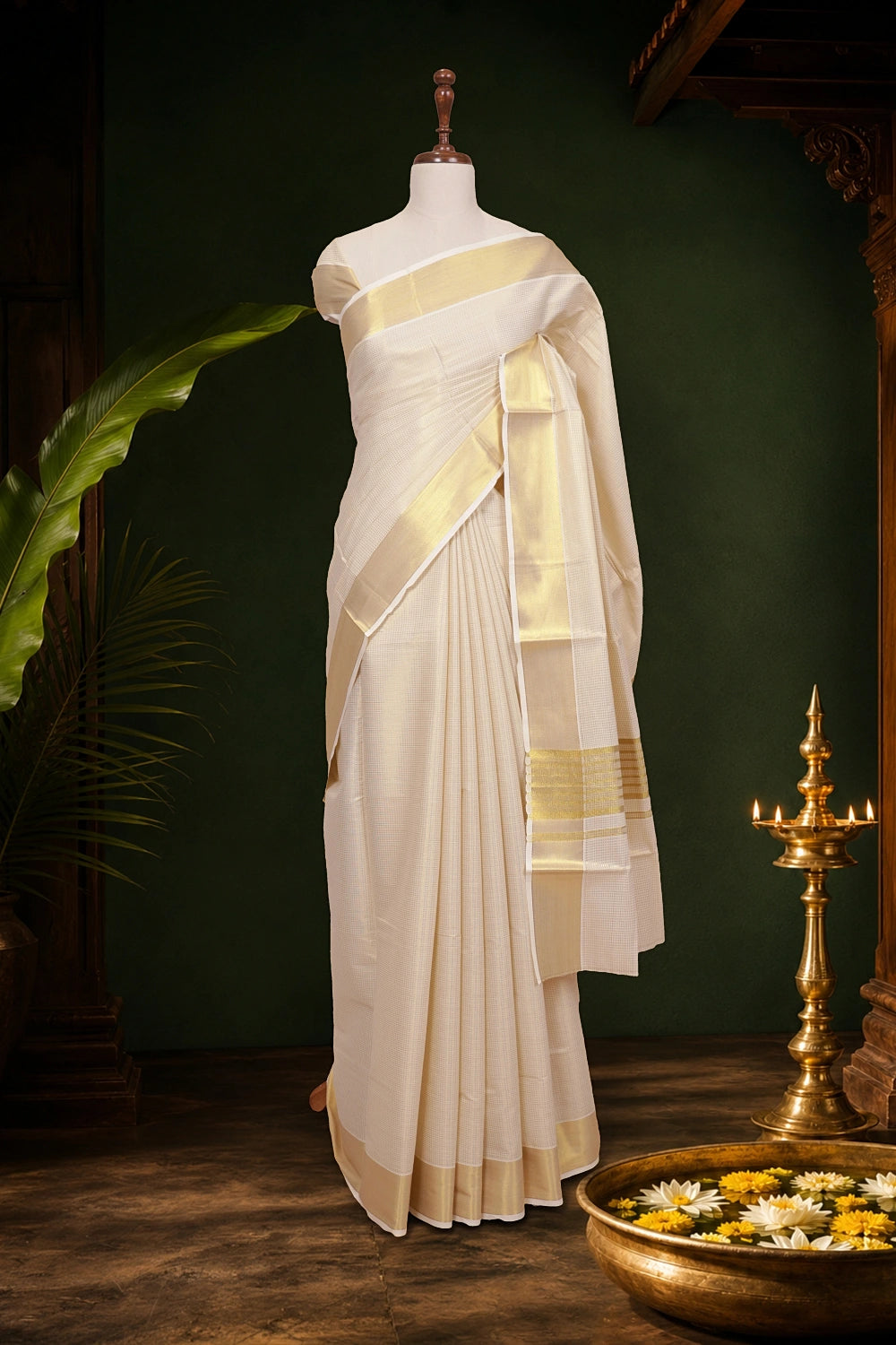 Off White Cotton Kerala Saree - Seematti