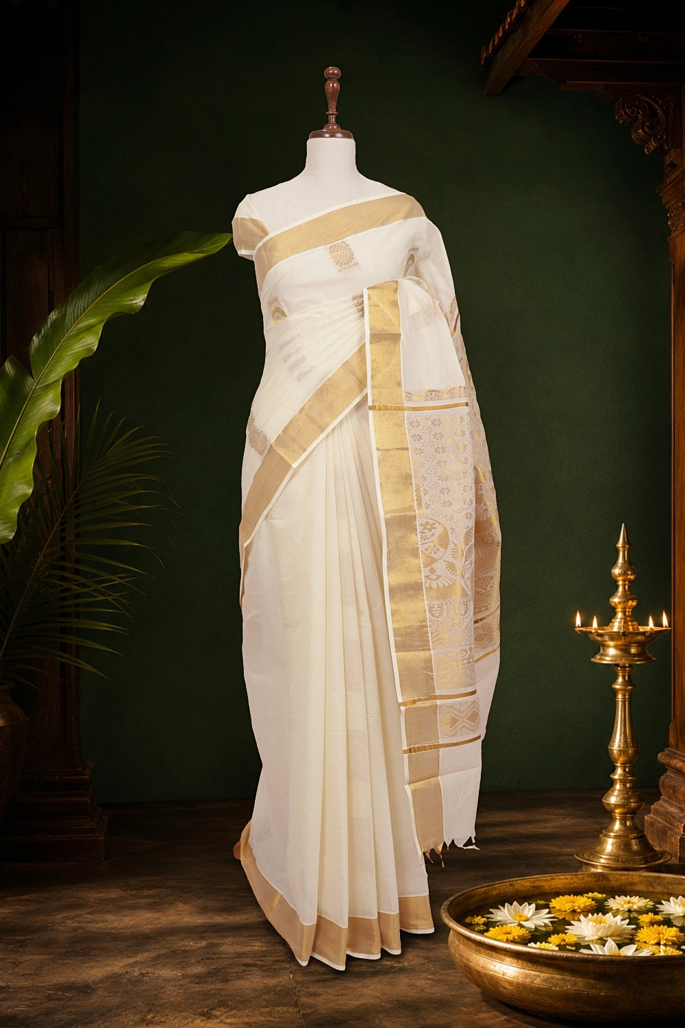Off White Cotton Kerala Saree - Seematti