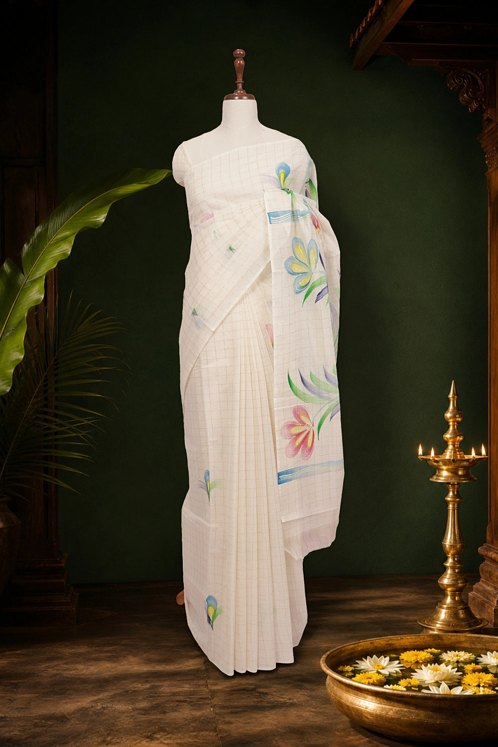 Off White Cotton Kerala Saree - Seematti